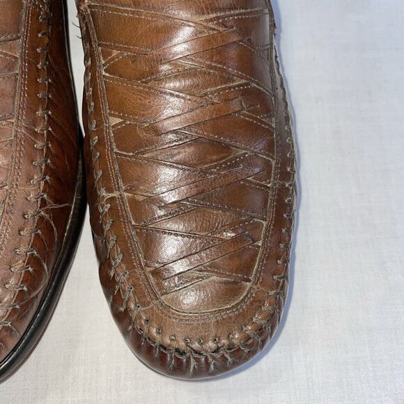 Brass Boot Dress Shoes Mens Size 12 M Brown Leather Criss Cross Toe Slip On - Picture 9 of 12